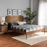 Baxton Studio MG0056-Rattan/Walnut-Full Elston Mid-Century Modern Walnut Brown Finished Wood and Synthetic Rattan Full Size Platform Bed